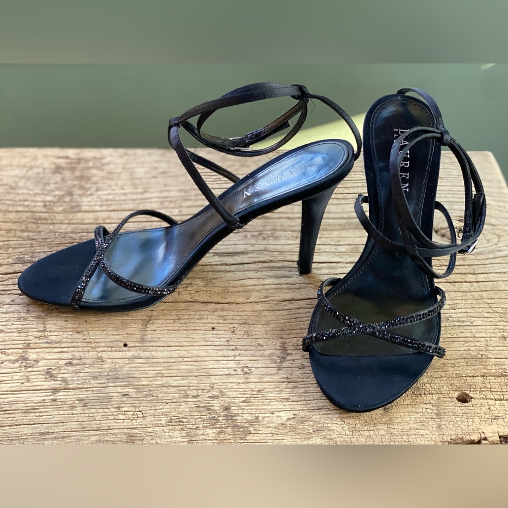 Ralph Lauren “Amina” Formal Satin and Rhinestone Ankle Strap Heeled Sandals